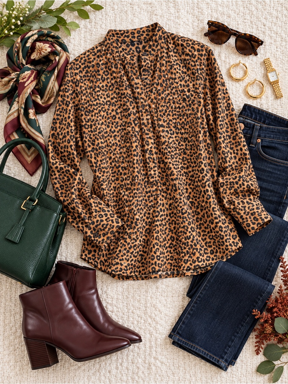 Lands’ End Leopard Print V-Neck Button-Front Blouse